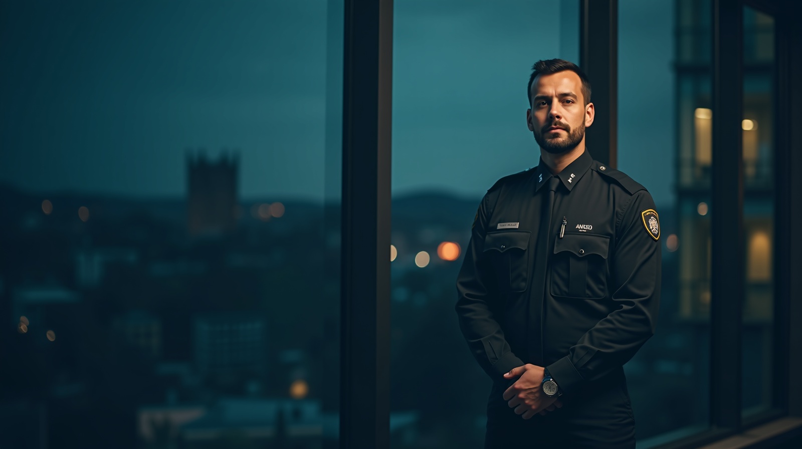 SIA licensed security guards in Cardiff SIA licensed security guard at a modern commercial building entrance in Cardiff