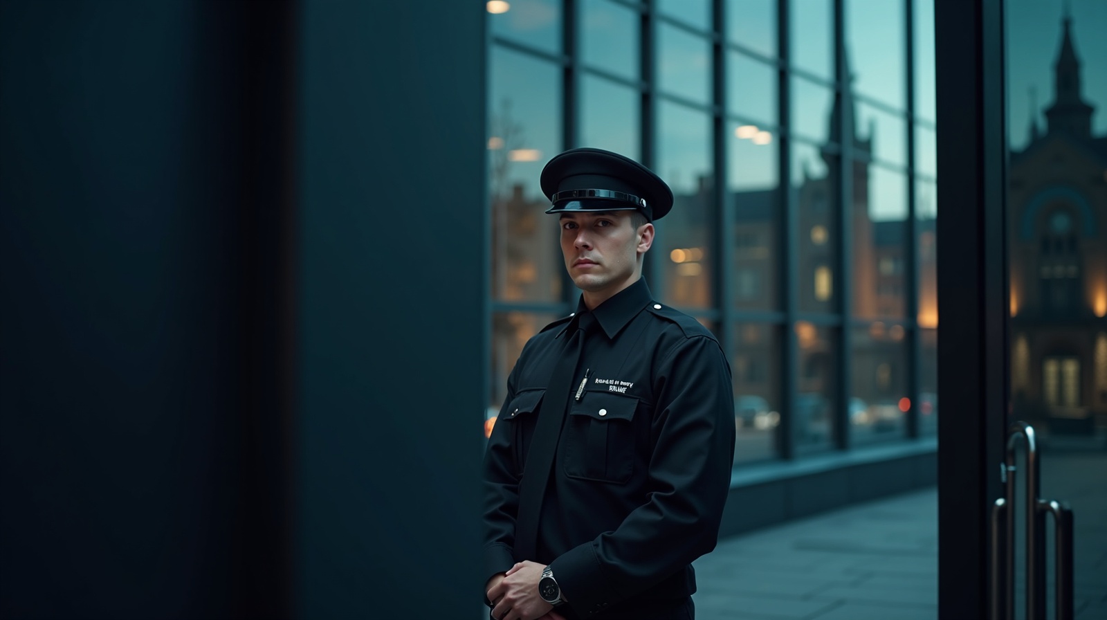 SIA licensed security guards in Glasgow SIA licensed security guard at a modern commercial building entrance in Glasgow