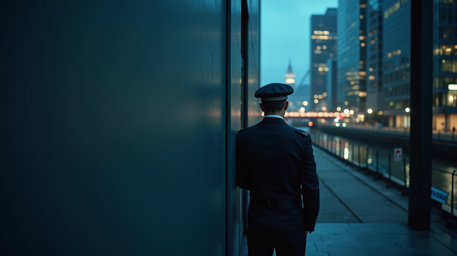 SIA licensed security guards in Bristol SIA licensed security guard at a modern commercial building entrance in Bristol
