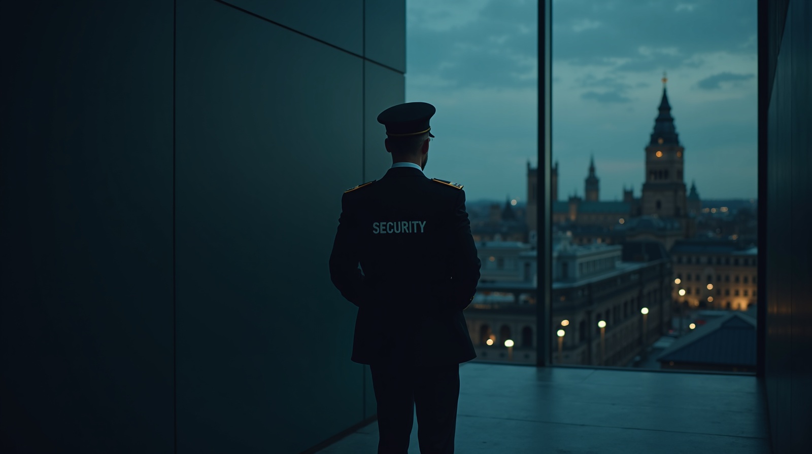 SIA licensed security guards in Edinburgh SIA licensed security guard at a modern commercial building entrance in Edinburgh