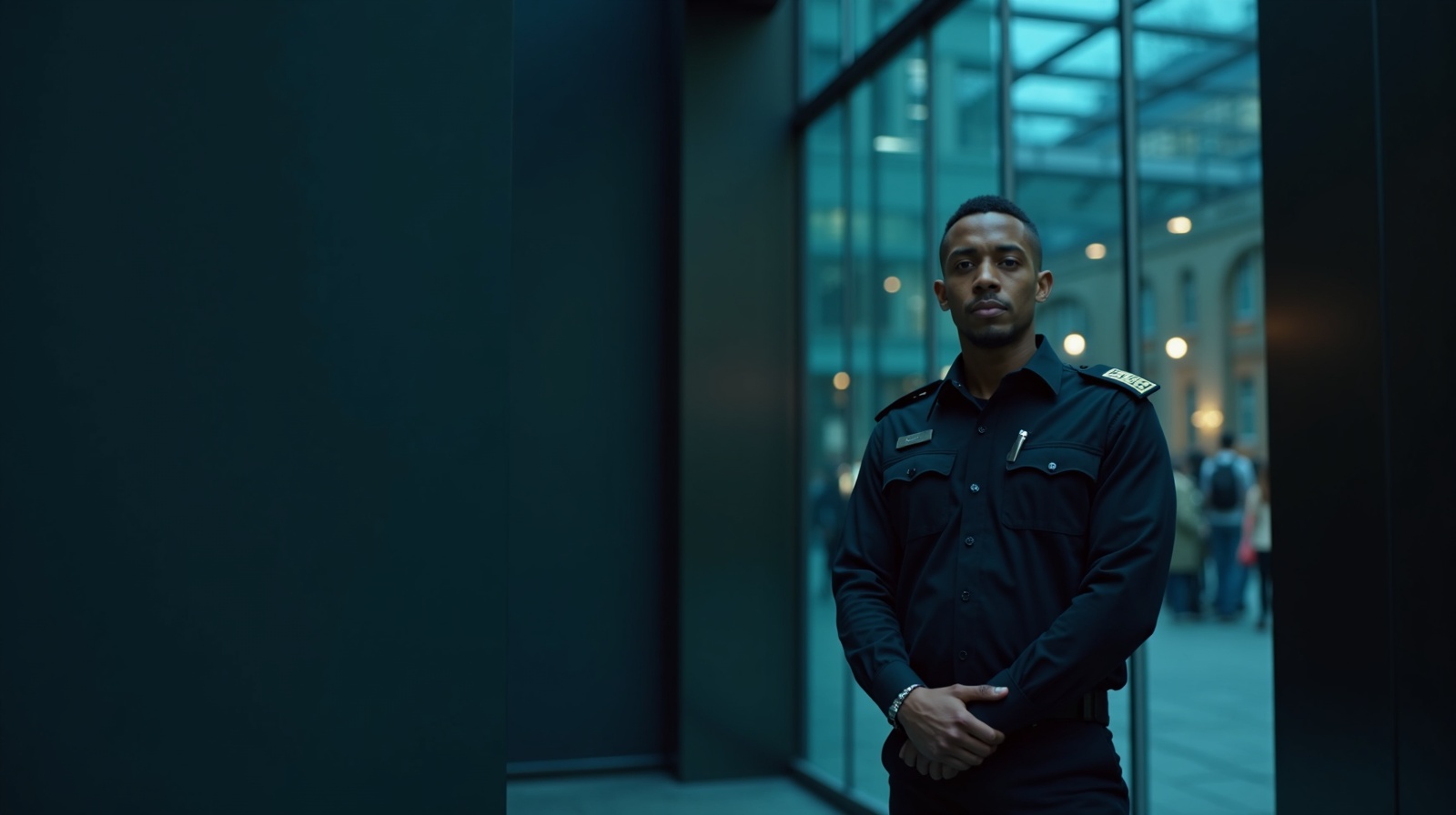 SIA licensed security guards in London SIA licensed security guard at a modern commercial building entrance in London