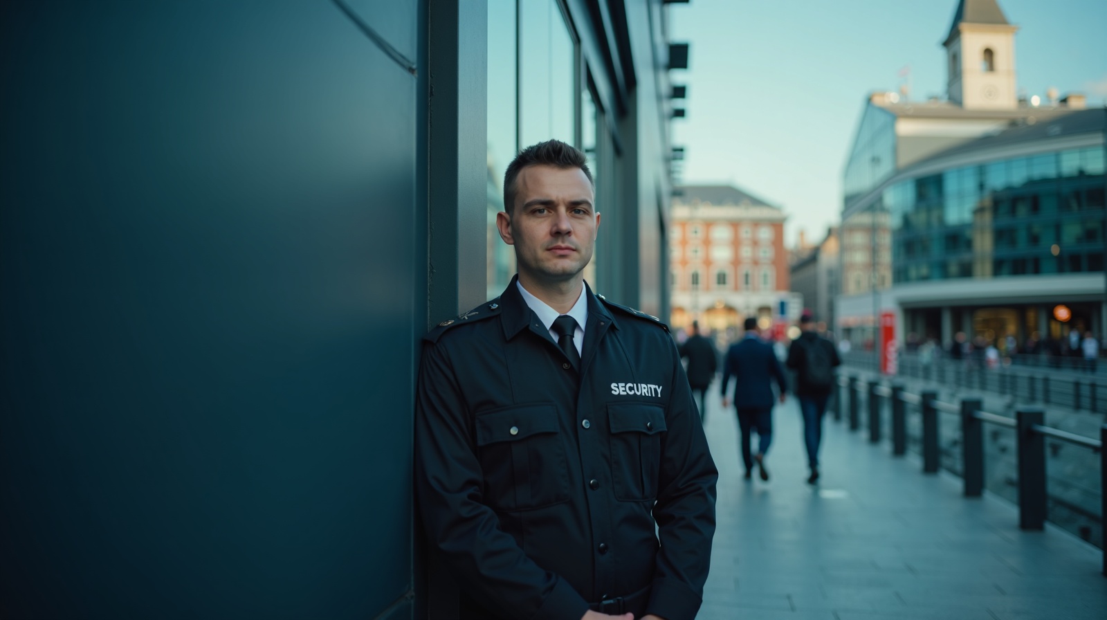 SIA licensed security guards in Liverpool SIA licensed security guard at a modern commercial building entrance in Liverpool